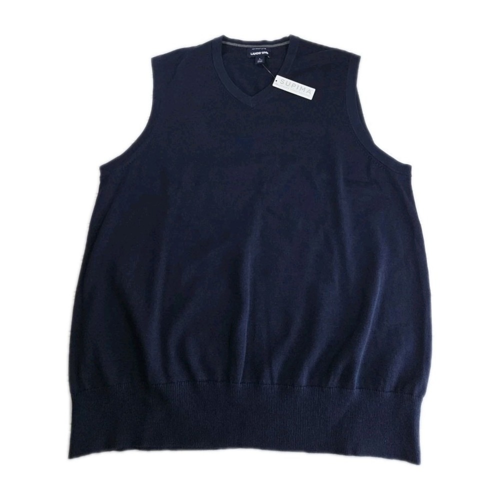 Lands‎ End Sweater Men Large NAVY Vest Pullover Preppy Classic Supima Cotton NEW